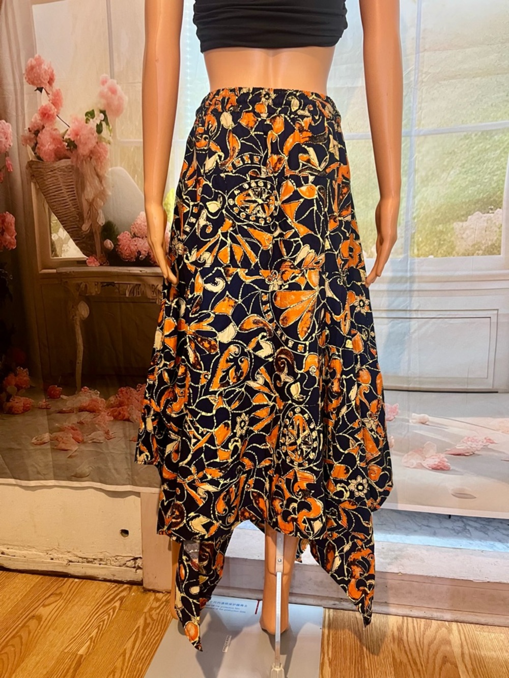 A.L.C. Black Midi Skirt with Orange Floral Print - Picture 4 of 5